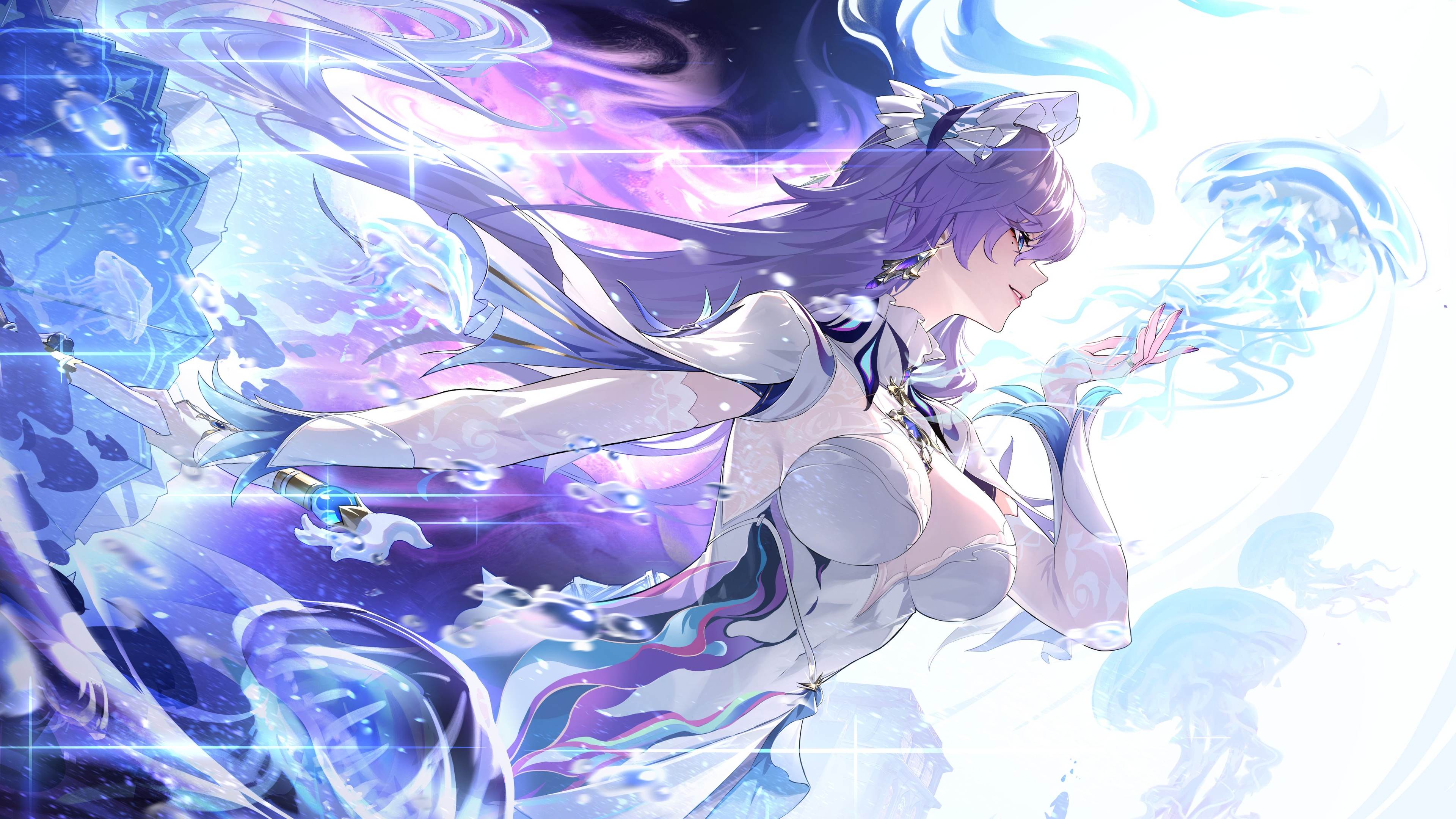 视频 游戏 角色 紫色头发 长发 微笑 女孩 呼啸的波浪 紧身衣 水母 伞 耳环 头带 侧视图 火花 动物 头饰 4K壁纸