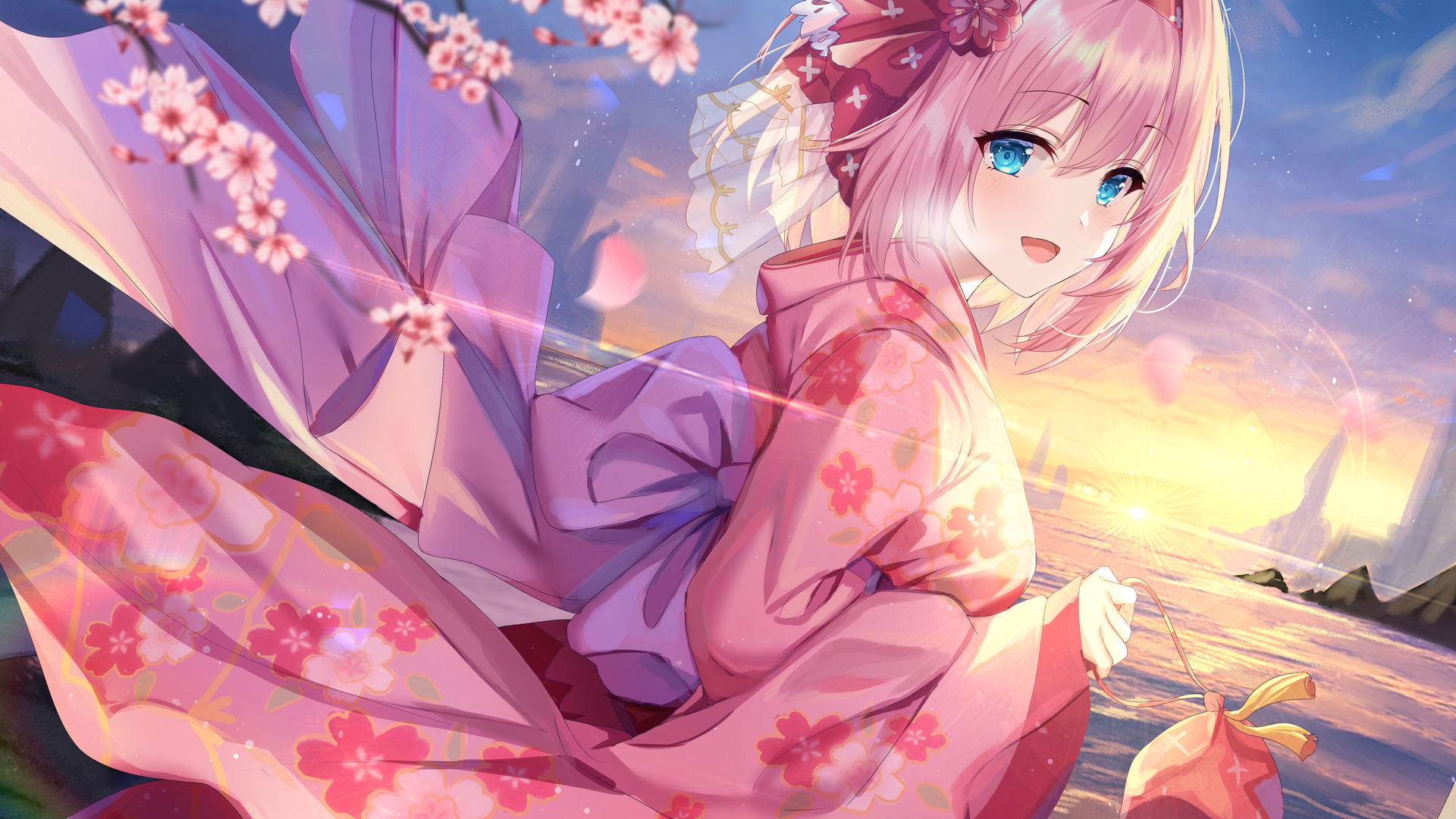 短发 粉色头发 蓝眼睛 歌姬 公主连接 动漫女孩 樱花 和服 4K壁纸