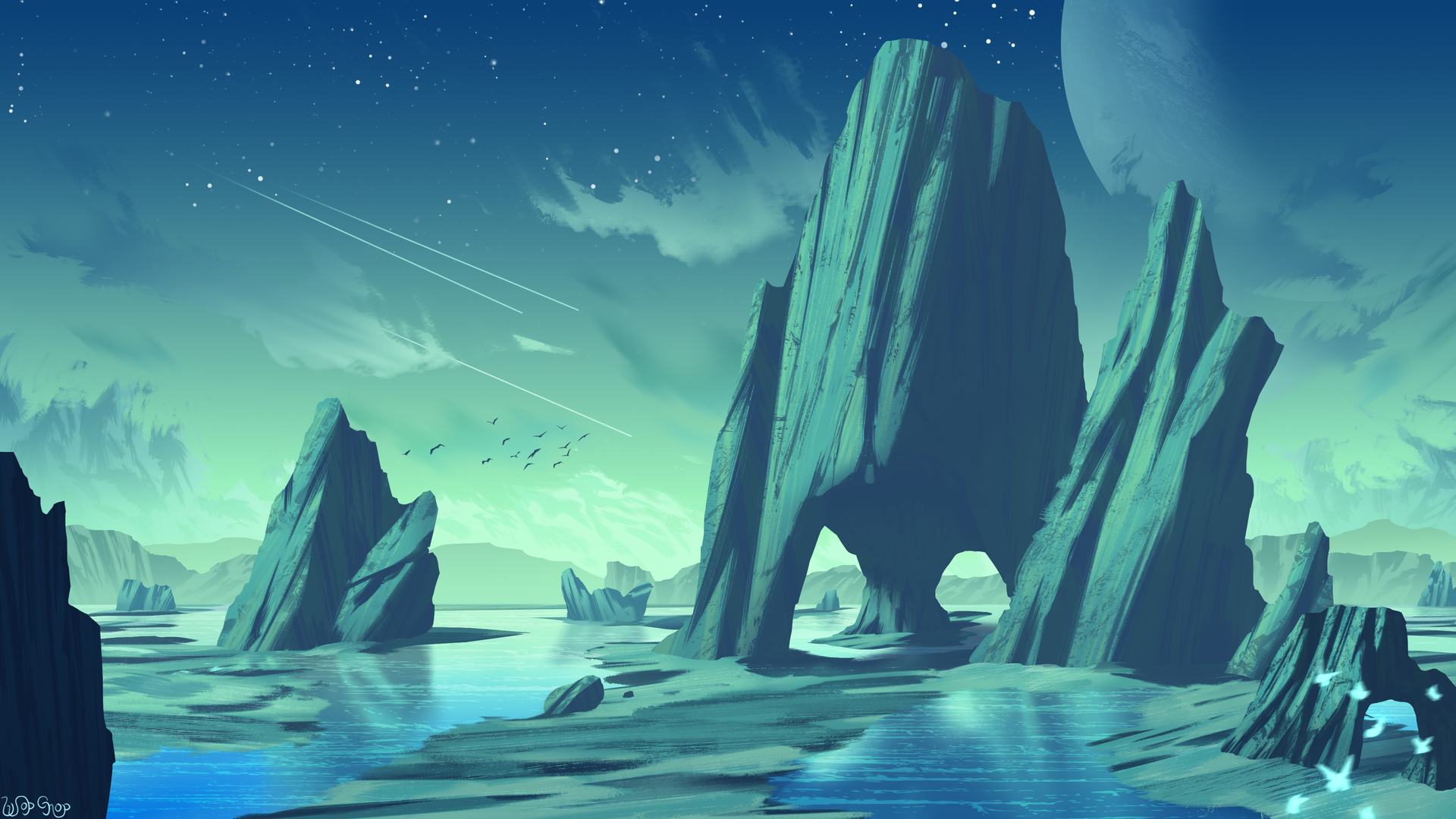 AI艺术 插图 风景 自然 环境 星星 鸟类 岩层 奇幻艺术 水 水印 行星 天空 云 电脑壁纸 4K壁纸
