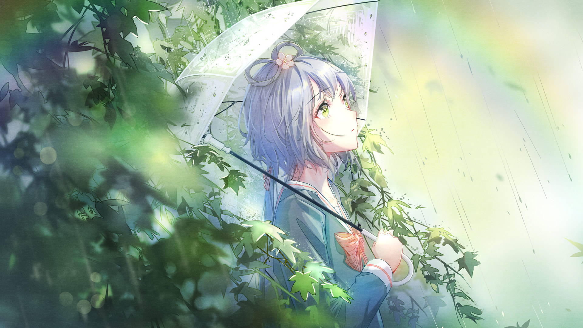 抬头 小提琴 动漫女孩 雨伞 雨 树叶 蝴蝶结 彩虹 4K壁纸