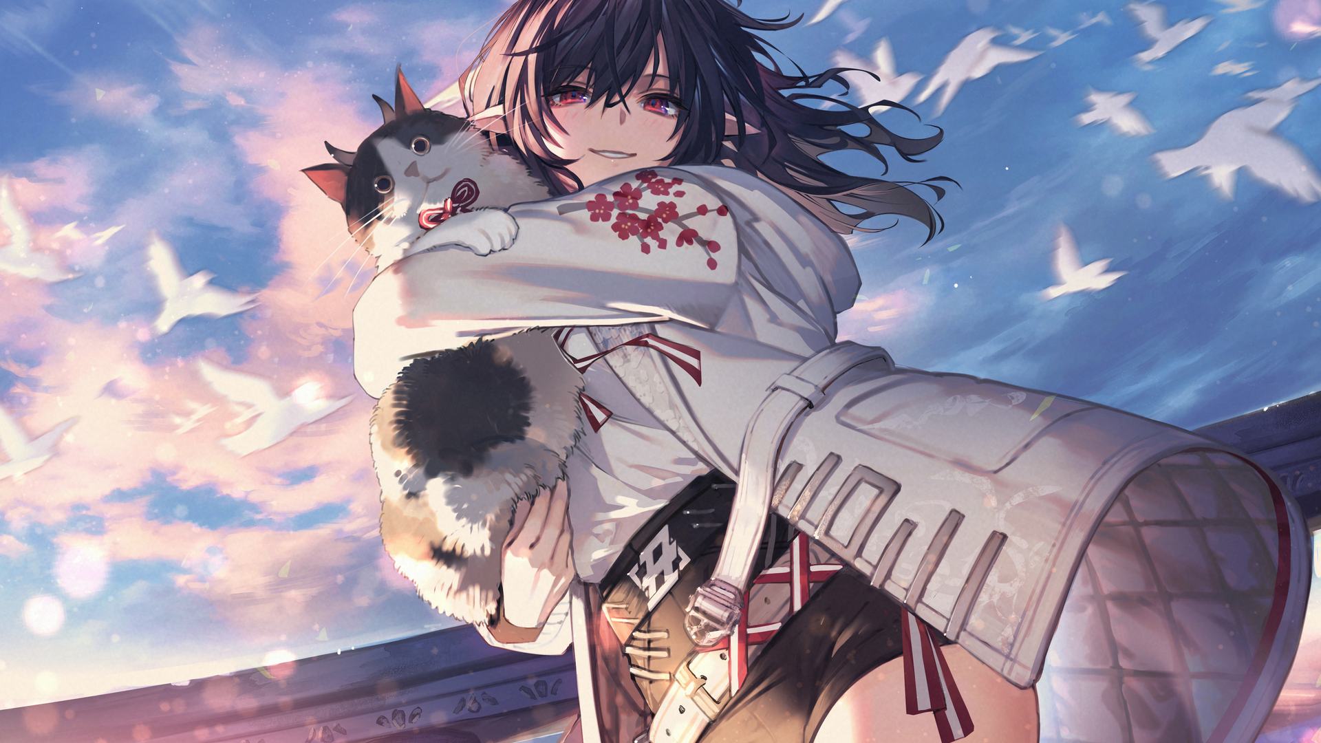 猫女 黑发 红眼 微笑 长发 大腿 猫 动漫女孩 日落 夕阳 天空 猫 云 鸟 动物 阳光 短裤 电脑壁纸 4K壁纸